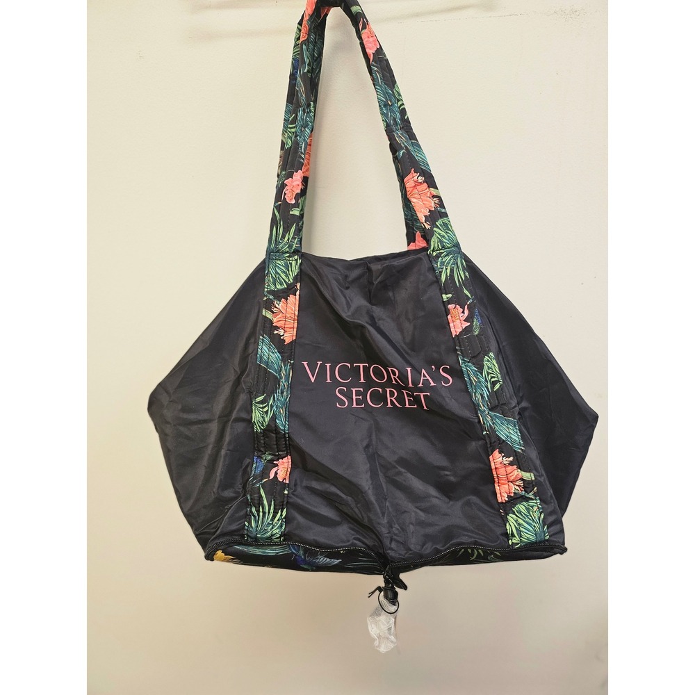 Victoria's Secret Foldable Travel Tote Bag Black Tropical Floral NWT